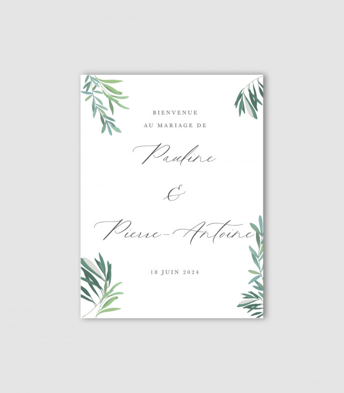 Panneau de bienvenue mariage blanc mat avec illustration de feuilles d’olivier
